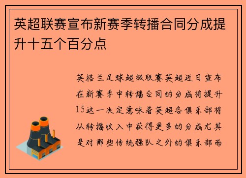 英超联赛宣布新赛季转播合同分成提升十五个百分点